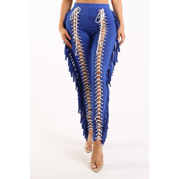 Womens Chic Lace up Detailed Fringe Pants Fashion Stylish Tassels Slim Trousers - Picture 4 of 10